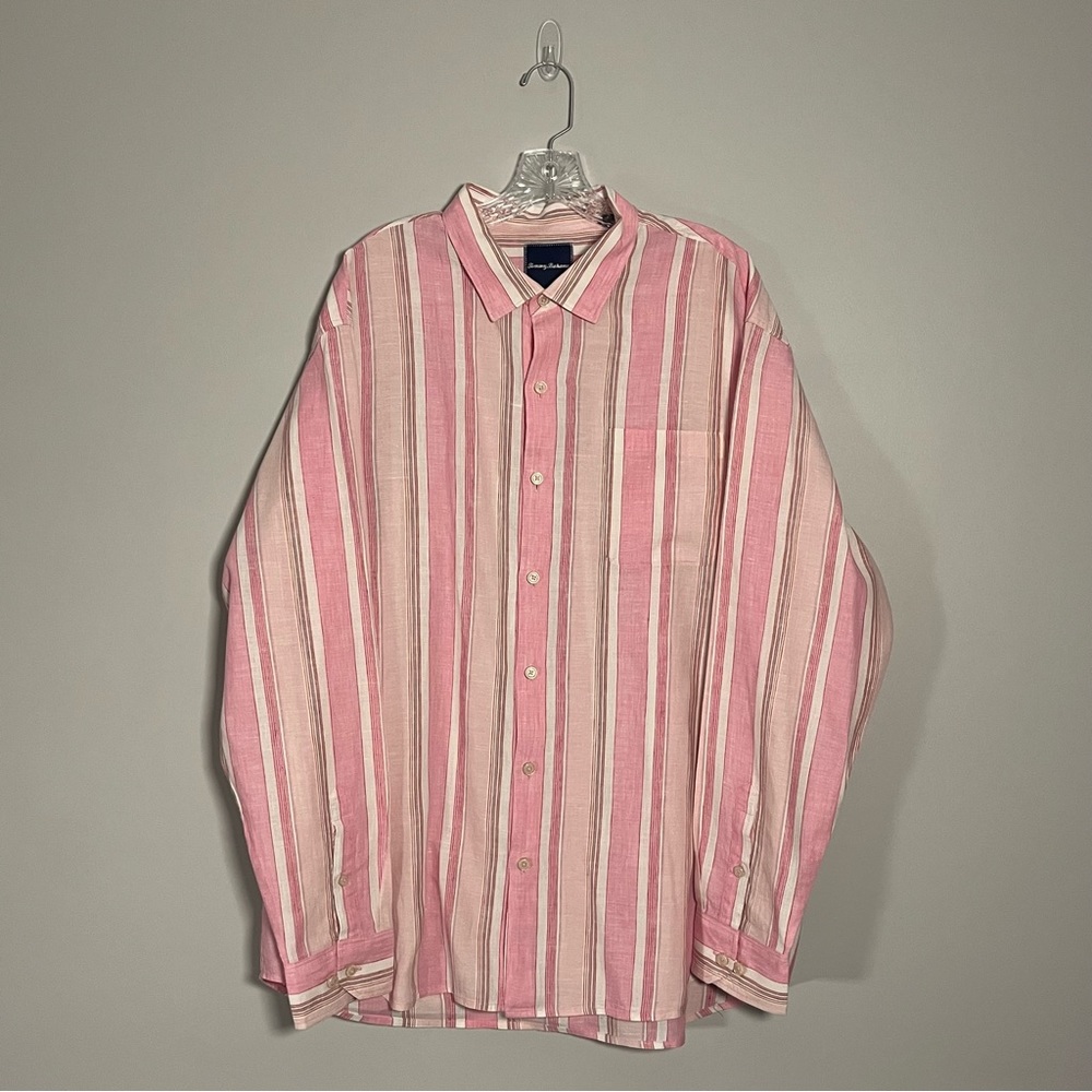 Tommy Bahama Shirt Button Up Mens XXL Linen Salmon Pink Striped Beach Office